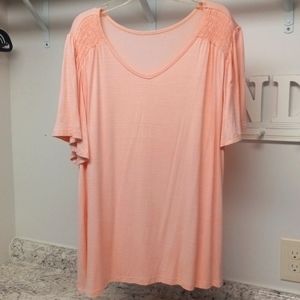 Peach slinky ruched shoulder blouse 1X